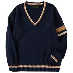 WOOKIT Unisex Langarm Pullover mit V-Ausschnitt, Dark Academia Clothes, Gestreifter Retro-Pullover aus Baumwolle Warmes Oberteil für den Winter Herbst-Royal-2XL von WOOKIT