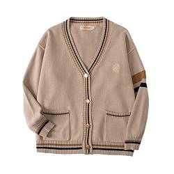 WOOKIT Unisex Langarm Strickjacken mit V-Ausschnitt, Gestreifter Retro Cardigan mit 2 Taschen, Warmes Oberteil aus Baumwolle für Winter Herbst Frühling-Aprikose-S von WOOKIT