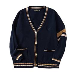 WOOKIT Unisex Langarm Strickjacken mit V-Ausschnitt, Gestreifter Retro Cardigan mit 2 Taschen, Warmes Oberteil aus Baumwolle für Winter Herbst Frühling-Navy blau-XXL von WOOKIT