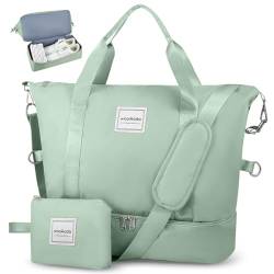 WOOMADA Weekender Bag für Damen, Reisetaschen mit Schuhfach & Nasstasche, persönliche Gegenstände Tasche für Fluggesellschaften, Light Bean Green, L von WOOMADA