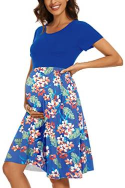 WOOXIO Damen Kurzarm Umstandskleid Patchwork Schwangerschaft Kleidung mit Taschen, Blau-blumiges Blau Orange, Groß von WOOXIO