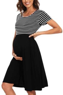 WOOXIO Damen Kurzarm Umstandskleid Patchwork Schwangerschaft Kleidung mit Taschen, Schwarz gestreift - Schwarz, Groß von WOOXIO