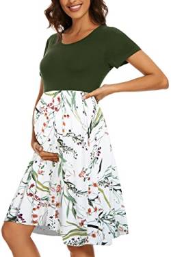 WOOXIO Damen Kurzarm Umstandskleid Patchwork Schwangerschaftskleidung mit Taschen, Armee-Grün-Blatt-Weiß, Klein von WOOXIO