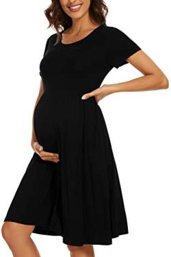 WOOXIO Damen Kurzarm Umstandskleid Patchwork Schwangerschaftskleidung mit Taschen, Schwarz, Groß von WOOXIO