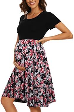 WOOXIO Damen Kurzarm Umstandskleid Patchwork Schwangerschaftskleidung mit Taschen, Schwarz-Rosé-Schwarz, Mittel von WOOXIO