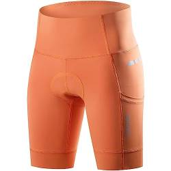 WOSAWE Radlerhose Damen Atmungsaktiv 4D Gepolsterte Fahrradhose Hoher Taille Reitstrumpfhose mit Seitentaschen (Orange, L) von WOSAWE