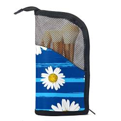 Make-up Pinsel Organizer Tasche mit 12 Make-up-Pinseln,Blauer Seestreifen Weiße Gänseblümchen,Tragbarer Make-up-Pinselhalter Set Koffer von WOSHJIUK