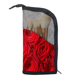 Make-up Pinsel Organizer Tasche mit 12 Make-up-Pinseln,rote Rose blüht Blume,Tragbarer Make-up-Pinselhalter Set Koffer von WOSHJIUK