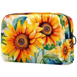 Reise Make up Tasche,Reise Kulturbeutel für Damen,Wildblumen Aquarell Sonnenblume,Kosmetik Reisetasche von WOSHJIUK