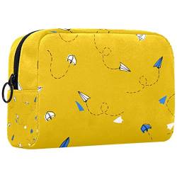 Reisekosmetiktasche,kleine Make-up-Tasche für Frauen,Gelber Hintergrund der Papierflugzeuge,Kosmetik-Organizer-Tasche mit Reißverschluss von WOSHJIUK