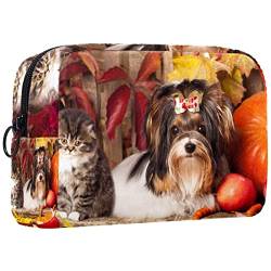 Reisekosmetiktasche,kleine Make-up-Tasche für Frauen,Herbst-Haustiere Katze und Hund,Kosmetik-Organizer-Tasche mit Reißverschluss von WOSHJIUK