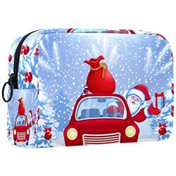 Reisekosmetiktasche,kleine Make-up-Tasche für Frauen,Weihnachtsbaum weihnachtsmann rot Auto Winter,Kosmetik-Organizer-Tasche mit Reißverschluss von WOSHJIUK