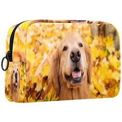 Reisekosmetiktasche,kleine Make-up-Tasche für Frauen,gelbe blätter des golden Retriever-hundes,Kosmetik-Organizer-Tasche mit Reißverschluss von WOSHJIUK