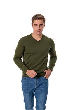 WOSICA Men's 100% Extrafine Merino Wool Knited Long Sleeve Pullover with V-Neck (Olive L) von WOSICA