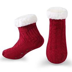 WOTENCE Damen Hausschuhe Socken ABS Sohle Nicht Gleiten Strick Fleece Gefütterte Warme Anti-Rutsch Socken Winter Socken Haussocken Home(Rot) von WOTENCE