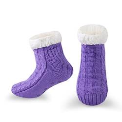 WOTENCE Damen Hausschuhe Socken ABS Sohle Nicht Gleiten Strick Fleece Gefütterte Warme Anti-Rutsch Socken Winter Socken Haussocken Home(Violett) von WOTENCE