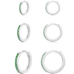 WOVEE 3 Paar Creolen Silber Grün, Ohrringe Silber 925 (8mm/10mm/12mm) Hypoallergen Huggies Ohrringe Creolen Set Klein mit Grün Zirkonia für Damen Herren Mädchen von WOVEE