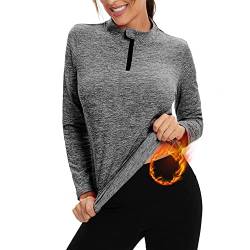 Damen Fleece Laufshirt Fleecepullover Langarm, 1/4 Reißverschlus Funktionsshirt Thermo Atmungsaktive Sportshirt Fitness Shirt Winter Warm,Grau,XL von WOWENY