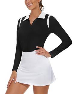 Damen Langarm Golf Polo Shirts für Frauen V-Ausschnitt Tennis Athletic Shirt UPF50+ Quick Dry Moisture Wicking, Schwarz, X-Groß von WOWENY