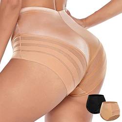 WOWENY 2 Stück Bauchkontrolle Unterwäsche für Frauen Hohe Taille Shapewear Mesh Nahtlose Slip Butt Lifter Panties, Schwarz / Beige, XL von WOWENY
