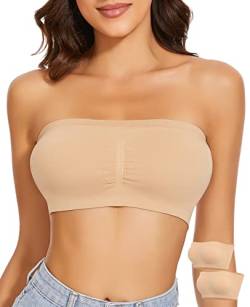 WOWENY 2-Stück Damen Bandeau BH Gepolstert Hautfarben Trägerlos Tube Top BHS Bustier Nahtlos Bralette Atmungsaktiver Strecken(Beige, L) von WOWENY