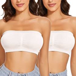 WOWENY 2-Stück Damen Bandeau BH Trägerlos Gepolstert Tube Top BHS Traegerloses Bustier Nahtlos Bralette Atmungsaktiver Strecken(Weiss, M) von WOWENY