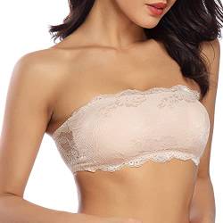 WOWENY BH Damen Ohne Bügel Trägerloser BH Rückenfrei Lace Tube Top abnehmbare Pads und Riemen Haken Comfort-BH mit Verlängerung Beige S von WOWENY