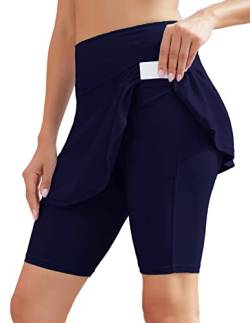 WOWENY Badehose Damen Kurz Rock Bademode Damen Bauchweg Sportrock Schwimmrock Strand Rock Mit Innenslip Schnell Trocknendes Wassersport Badeshorts 1-Blau XXL von WOWENY