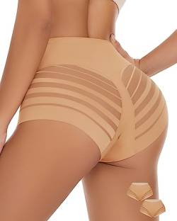 WOWENY Bauchkontrolle Höschen für Frauen Nahtlose Slips Comfy Mesh Body Shaper Shapewear Sexy Unterwäsche, 2 Packungen, Beige, S von WOWENY
