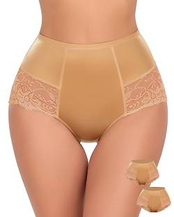 WOWENY Bauchweg Slip Damen Mit Spitze Shapewear Für Damen Taillenslip Pantys Elegant Unterhose Unterwäsche Miederslips Sexy Slip,2er Pack Beige,S von WOWENY