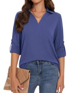 WOWENY Bluse Damen Langarm V-Ausschnitt Oberteile Elegant Business Tunika Shirt Lässig Blusen mit Reverskragen Langarmshirt,Blau,XL von WOWENY
