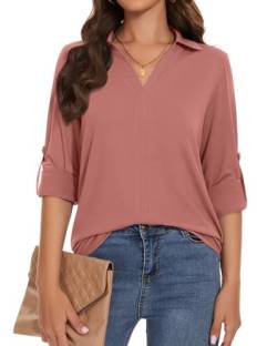 WOWENY Bluse Damen Langarm V-Ausschnitt Oberteile Elegant Business Tunika Shirt Lässig Blusen mit Reverskragen Langarmshirt,Rosa,XL von WOWENY