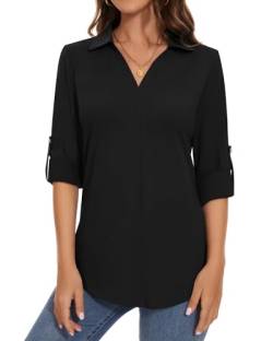 WOWENY Bluse Damen Langarm V-Ausschnitt Oberteile Elegant Business Tunika Shirt Lässig Blusen mit Reverskragen Langarmshirt,Schwarz,M von WOWENY