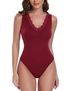 WOWENY Body Damen Elegant Spitze Ärmellose Sexy Bodysuit Women Tops mit Plunge V-Ausschnitt Unterhemd Stringbody Trachtenbody Spitzenbody Rot L von WOWENY