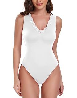 WOWENY Body Damen Elegant Spitze Ärmellose Sexy Bodysuit Women Tops mit Plunge V-Ausschnitt Unterhemd Stringbody Trachtenbody Spitzenbody Weiß S von WOWENY