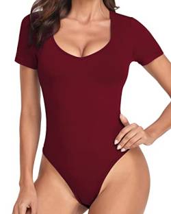 WOWENY Body Damen Kurzarm,V-Ausschnitt Bodysuit Oberteil Body Sexy Damenbody Schmal Bodysuits Tops Unterziehbody Elegant Body für Frauen Sommer,Weinrot,M von WOWENY