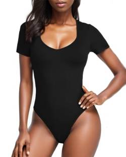 WOWENY Body Damen Kurzarm,V-Ausschnitt Bodysuit Oberteil Body Sexy Damenbody Schmal Bodysuits Tops Unterziehbody Elegant body für Frauen Sommer,Schwarz,S von WOWENY