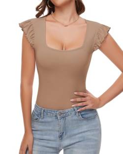 WOWENY Body Damen Kurzarm Eckigem Ausschnitt Rüschen Bodysuit Gerippt Tshirt Elegant Bequemer Tops[Khaki，XL] von WOWENY