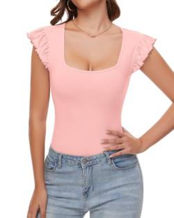 WOWENY Body Damen Kurzarm Eckigem Ausschnitt Rüschen Bodysuit Gerippt Tshirt Elegant Bequemer Tops[Rosa，L] von WOWENY