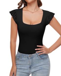 WOWENY Body Damen Kurzarm Eckigem Ausschnitt Rüschen Bodysuit Gerippt Tshirt Elegant Bequemer Tops[Schwarz，XL] von WOWENY