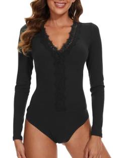 WOWENY Body Damen Langarm Elegant mit V Ausschnitt Sexy Spitze Langarmbody Bodysuit Women Flaten Trachtenbody Spitz-Schwarz XXL von WOWENY