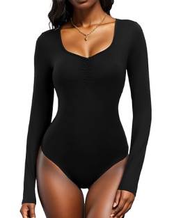 WOWENY Bodys Für Damen Langarm Elegant Bodysuit Mit Sexy Pleated Sweetheart Neck Body Suits Tops Slim Fit Basic Oberteile Shirt,Schwarz,L von WOWENY