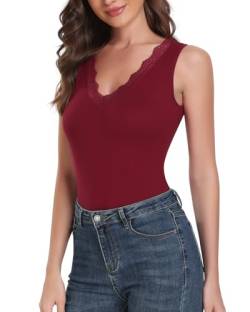 WOWENY Damen Ärmellos Body mit Spitze V-Ausschnitt Bodysuit Spitzentop Elegant Oberteil Overall für Party Going Out(Rotwein, M) von WOWENY