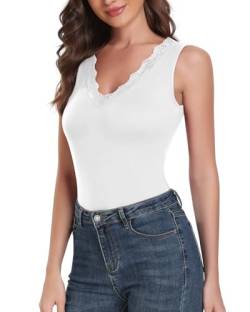 WOWENY Damen Ärmellos Body mit Spitze V-Ausschnitt Bodysuit Spitzentop Elegant Oberteil Overall für Party Going Out(Weiss, M) von WOWENY