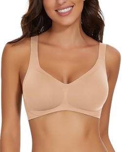 WOWENY Damen BH ohne Bügel Bequemer Seamless BHS trägerverstellbarer Softschalen BH Minimizer-BHS Seamless Push Up Tshirt BH Soft,Beige,S von WOWENY