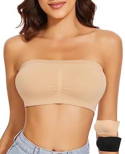 WOWENY Damen Bandeau BH Hautfarben Trägerlos Gepolstert Tube Top BH Hautfarbens Traegerloses Bustier Nahtlos Bralette Atmungsaktiver Strecken(Schwarz+Beige, XL) von WOWENY