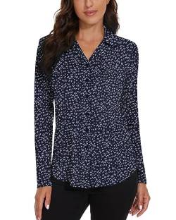 WOWENY Damen Bluse Elegant V-Ausschnitt Hemden mit Knöpfen Langarm Casual Arbeit Oberteile Hemd Lose Langarmshirt Tunika Tops,Blau Print,L von WOWENY