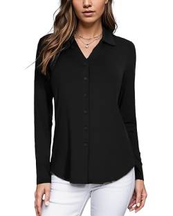 WOWENY Damen Bluse Elegant V-Ausschnitt Hemden mit Knöpfen Langarm Casual Arbeit Oberteile Hemd Lose Langarmshirt Tunika Tops,Schwarz,L von WOWENY