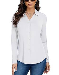 WOWENY Damen Bluse Elegant V-Ausschnitt Hemden mit Knöpfen Langarm Casual Arbeit Oberteile Hemd Lose Langarmshirt Tunika Tops,Weiß,XL von WOWENY