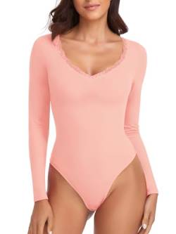 WOWENY Damen Body Langarm mit Spitze Elegant V-ausschnitt Tshirt Bodies Pink Bodysuit Long Sleeve Oberteil Tops Langarmshirt[Rosa, L] von WOWENY